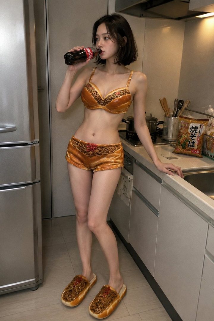 A young woman in a kitchen wearing a bread-themed bra and shorts, drinking from a Coca-Cola bottle.