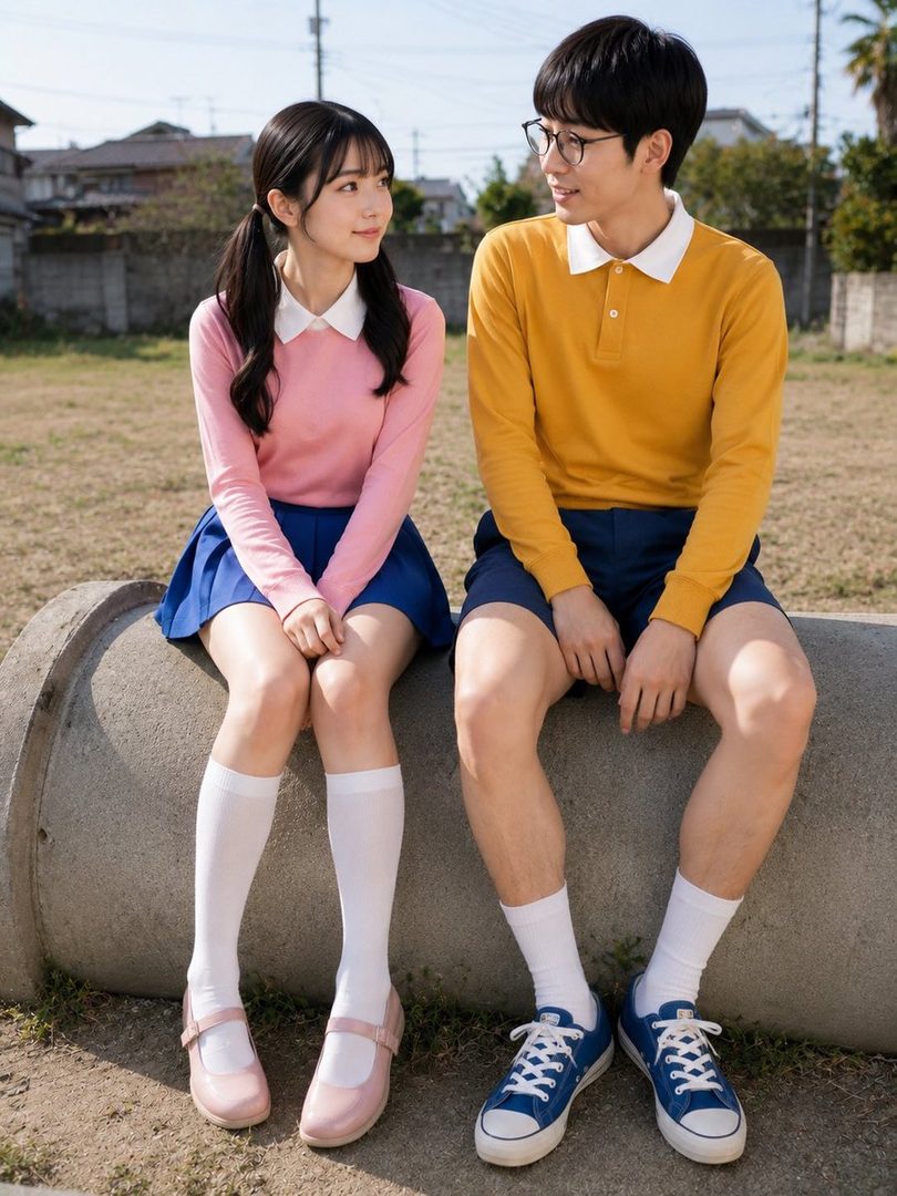 A photorealistic image of a young Japanese couple in school-like outfits, sitting outdoors and looking at each other.
