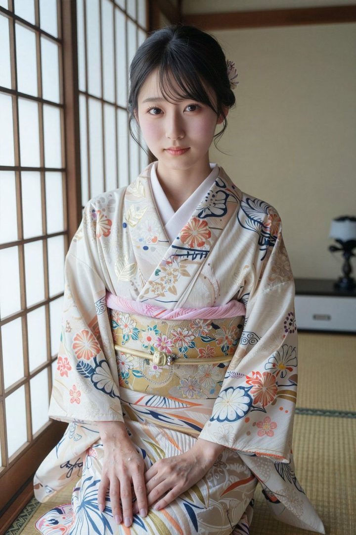 A beautiful Japanese woman in a floral kimono kneels gracefully by a shoji screen in a traditional room.