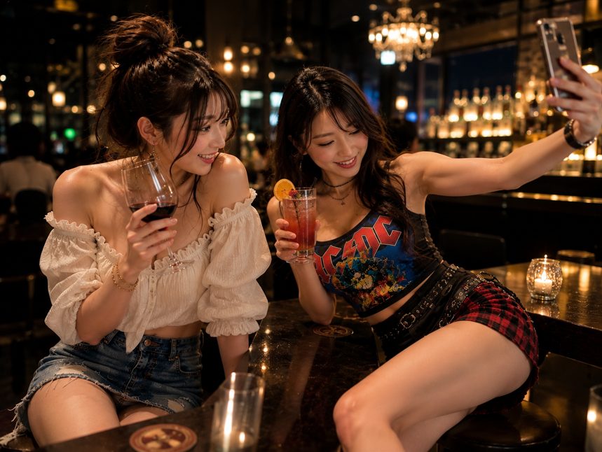 Two young women are enjoying drinks and taking a selfie at a dimly lit bar.