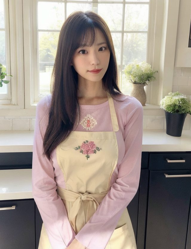 A young woman with long brown hair and bangs wears a pink long-sleeved shirt and a cream-colored apron with floral embroidery, standing in a kitchen.