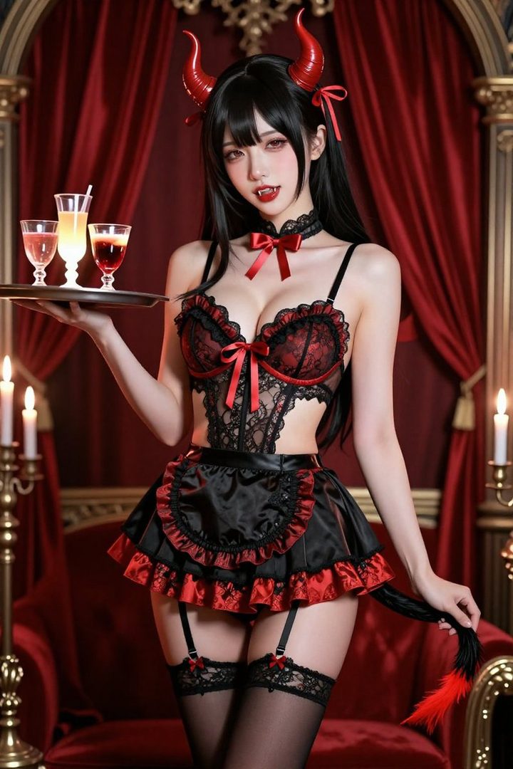 A photorealistic AI-generated image of a woman dressed as a devil maid, holding a tray with drinks in a gothic-themed room.
