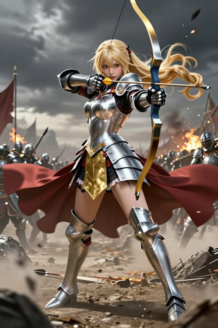 A blonde female warrior in shining armor aims a bow and arrow on a battlefield with other soldiers in the background.