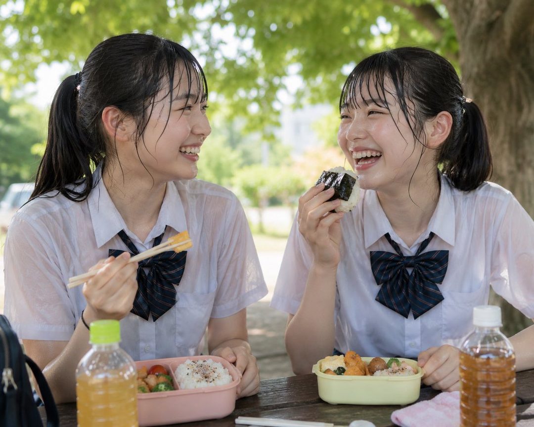 Two young Japanese women in school uniforms are laughing and eating lunch outdoors under a tree.