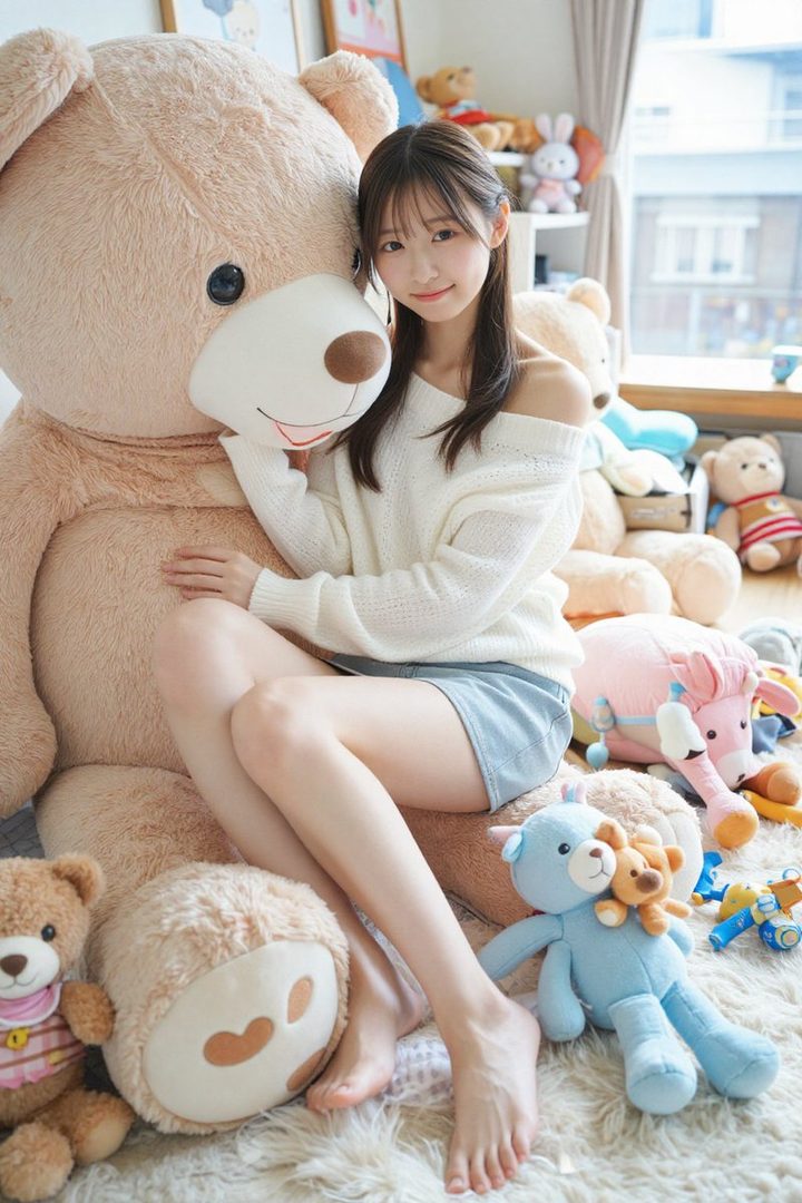 A young woman with long brown hair and bangs, wearing a white off-the-shoulder knit sweater and light blue shorts, sits on a large teddy bear surrounded by other plush toys in a bright room.