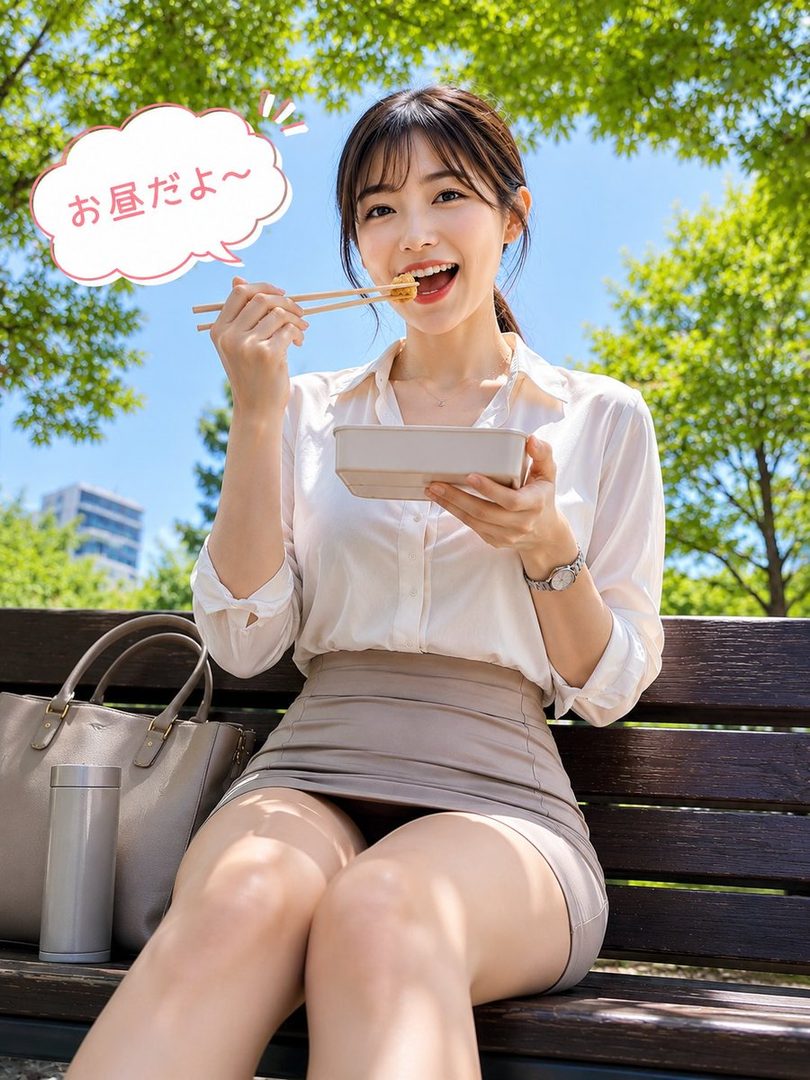 A young woman with brown hair is sitting on a park bench, eating from a bento box with chopsticks, under a clear blue sky with green trees.