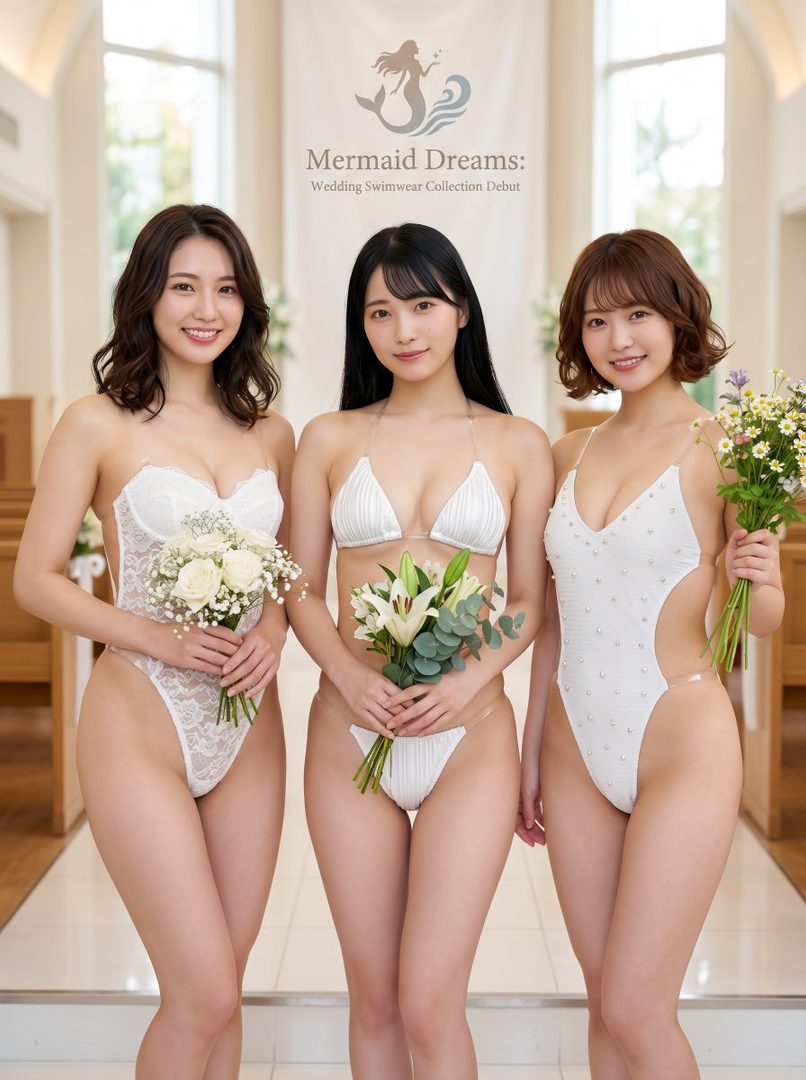 Three women in white wedding swimwear pose with flower bouquets in what appears to be a church setting.