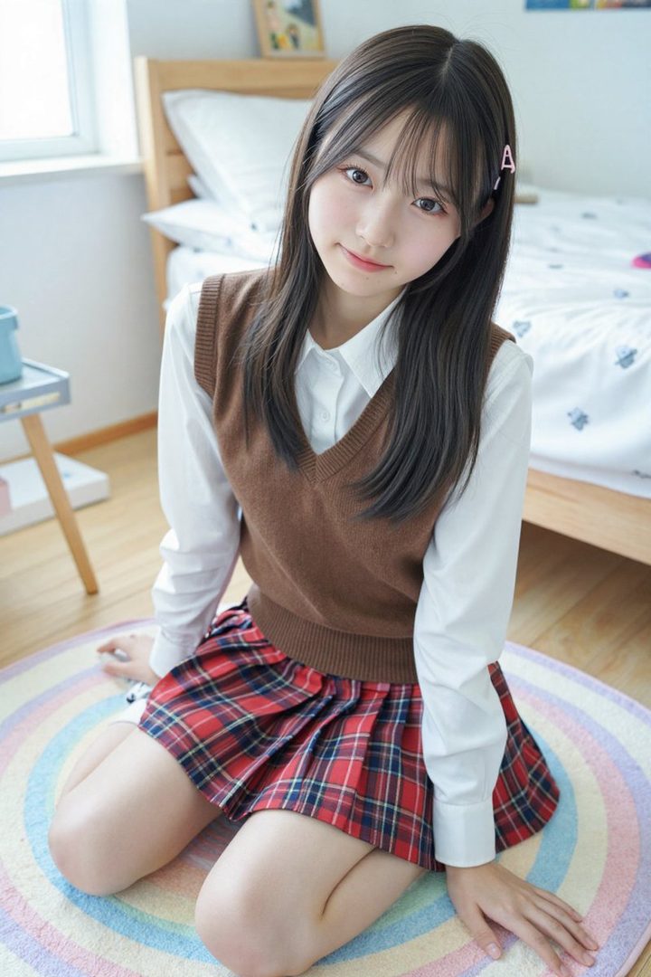 A young woman with long brown hair and bangs, wearing a school uniform with a brown vest and plaid skirt, kneels on a rainbow rug in a bright room.
