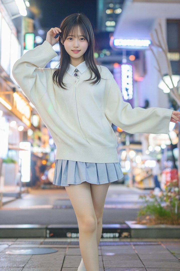 A young woman with long black hair, wearing a white sweater and a light blue pleated skirt, stands on a city street at night with blurred lights in the background.