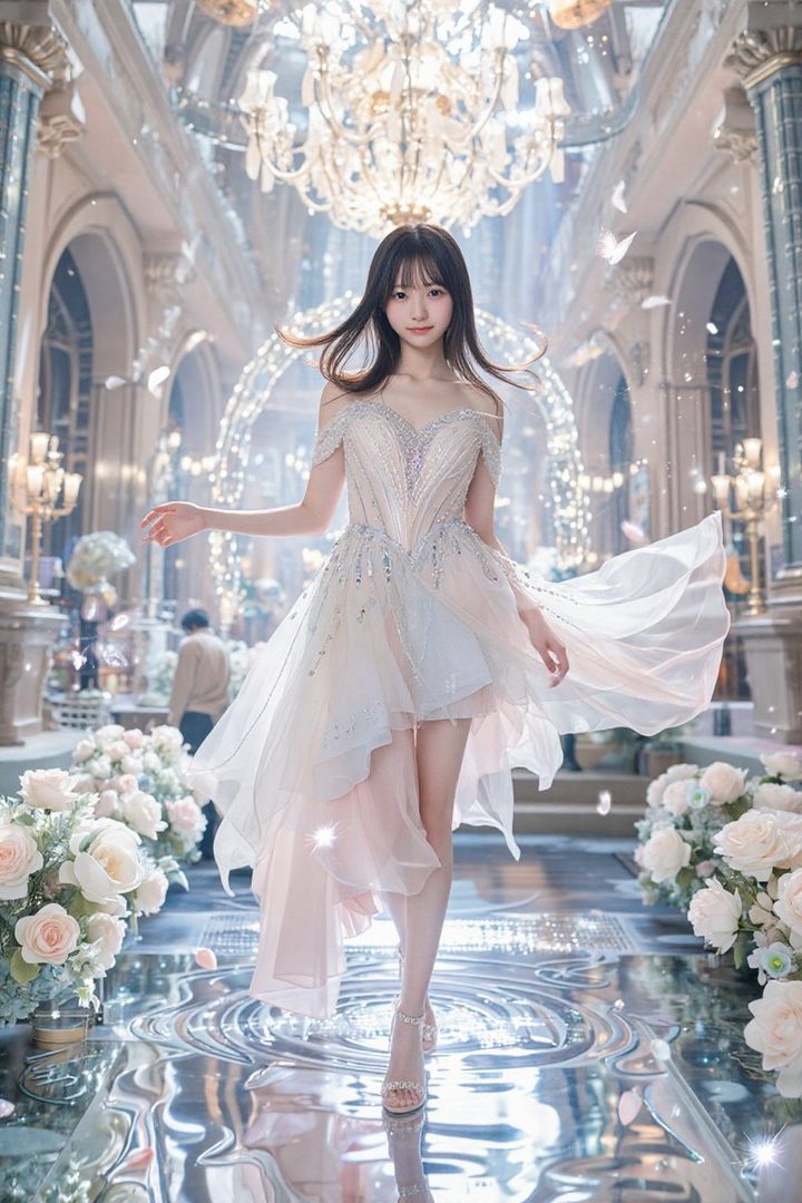 A young woman in a flowing, light-colored dress walks through a grand, ornate hall with chandeliers and floral arrangements.