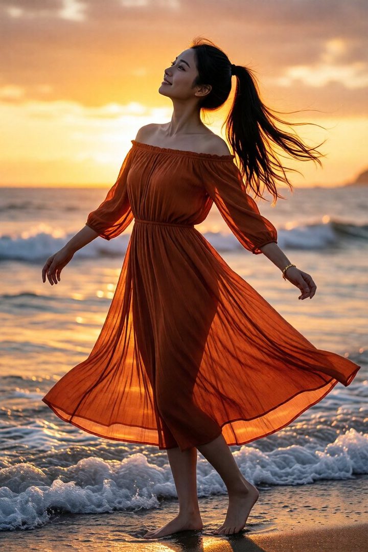 A woman in an orange off-shoulder dress stands barefoot on a beach at sunset, looking up with a serene expression.