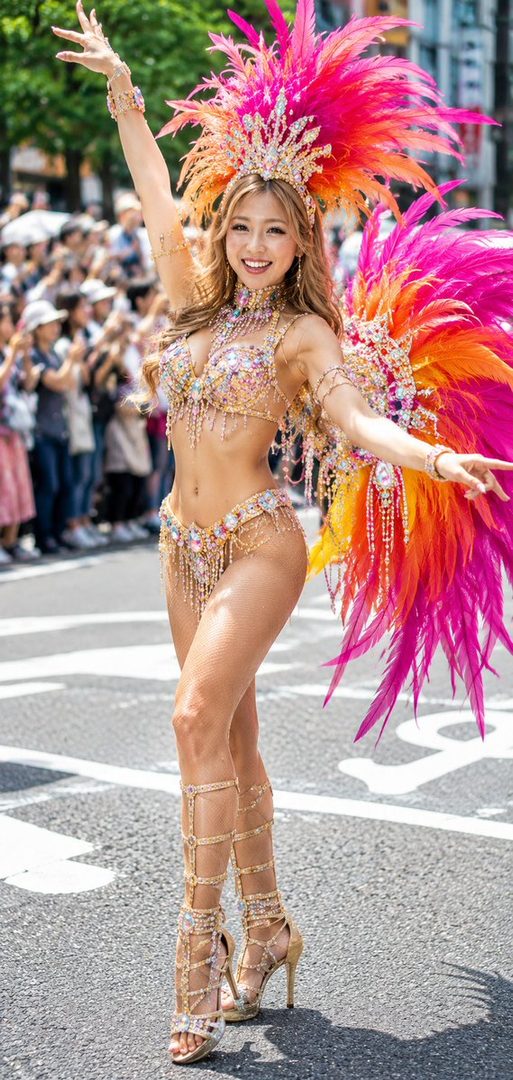 A smiling woman in a vibrant feathered carnival costume and high heels poses on a street during a parade.