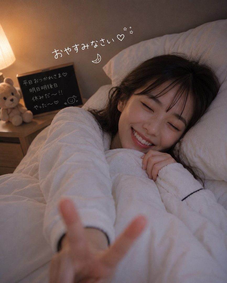 A young woman with brown hair smiles with her eyes closed while lying in bed, making a peace sign with her hand, with a teddy bear and a small blackboard in the background.