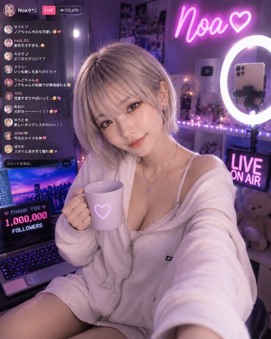 A cute East Asian woman with short blonde hair and bangs takes a selfie indoors, holding a mug and wearing a casual top, with neon signs and a laptop in the background.