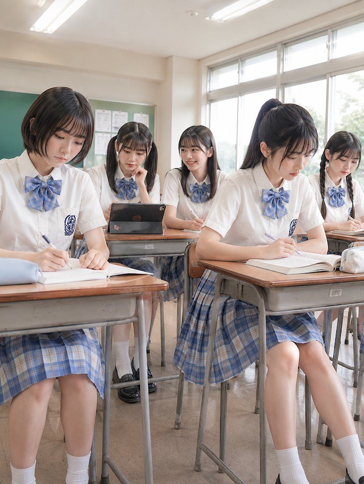 Five young women in school uniforms are seated at desks in a classroom, writing and looking at books.