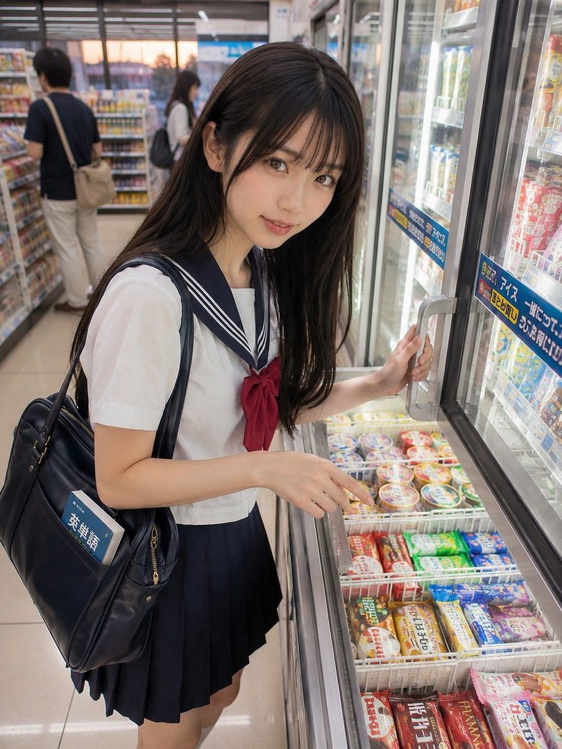 A young woman in a Japanese school uniform is looking at ice cream in a convenience store freezer.