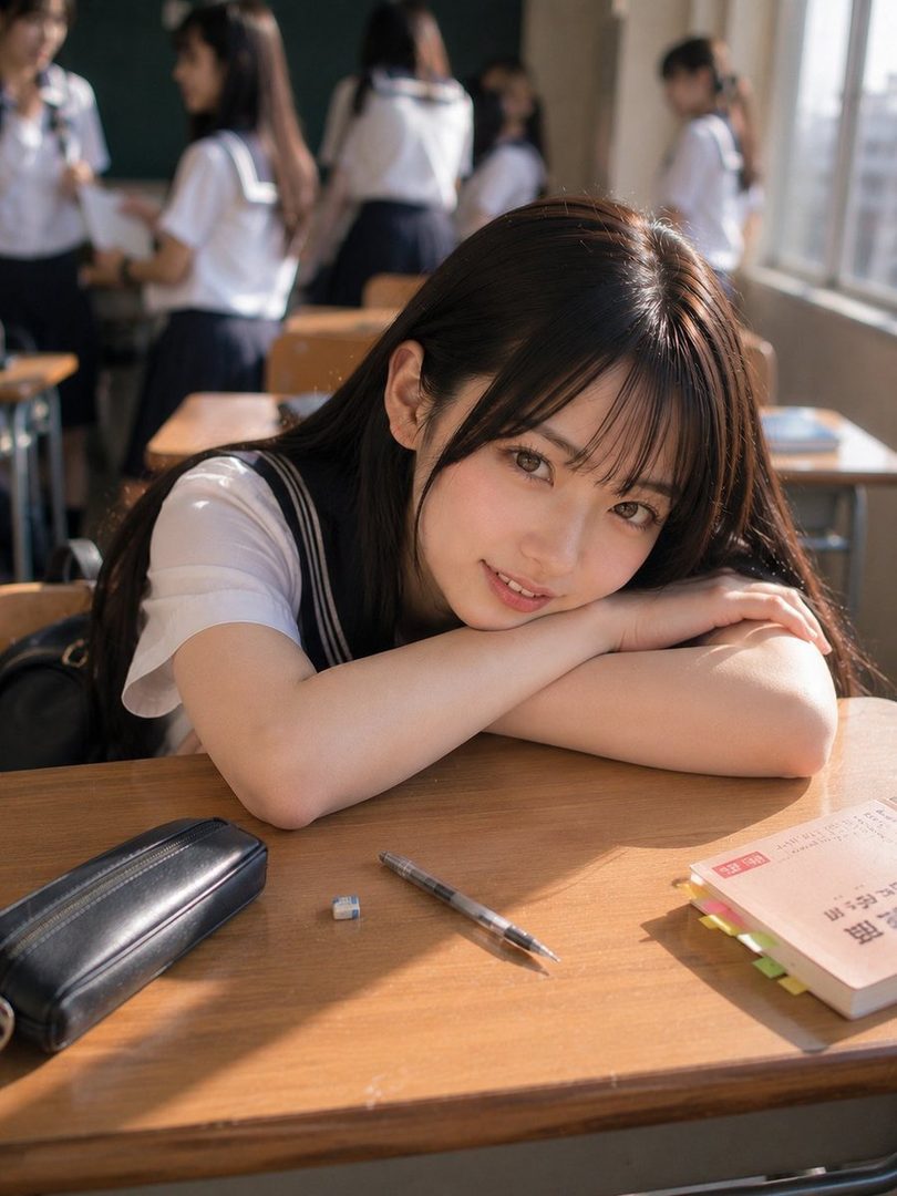 A young woman with long black hair and bangs, wearing a school uniform, rests her head on her arms at a desk in a classroom, smiling softly at the camera.