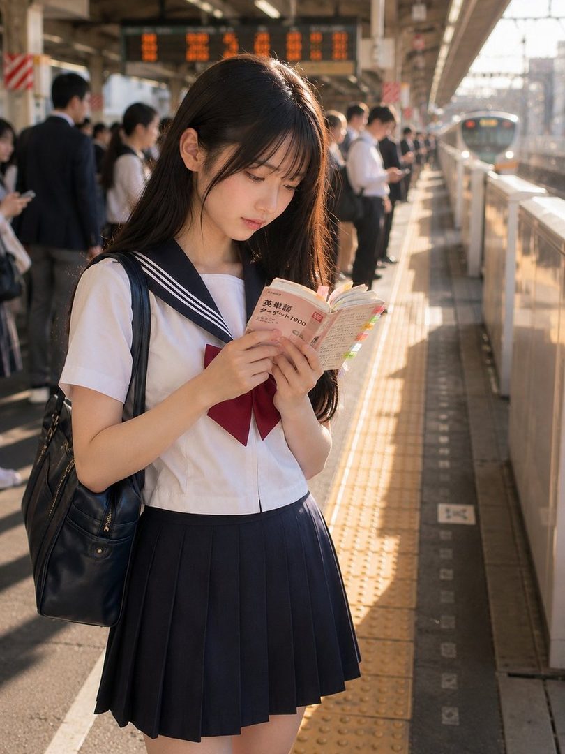 A young woman in a Japanese school uniform reads a book on a train platform.