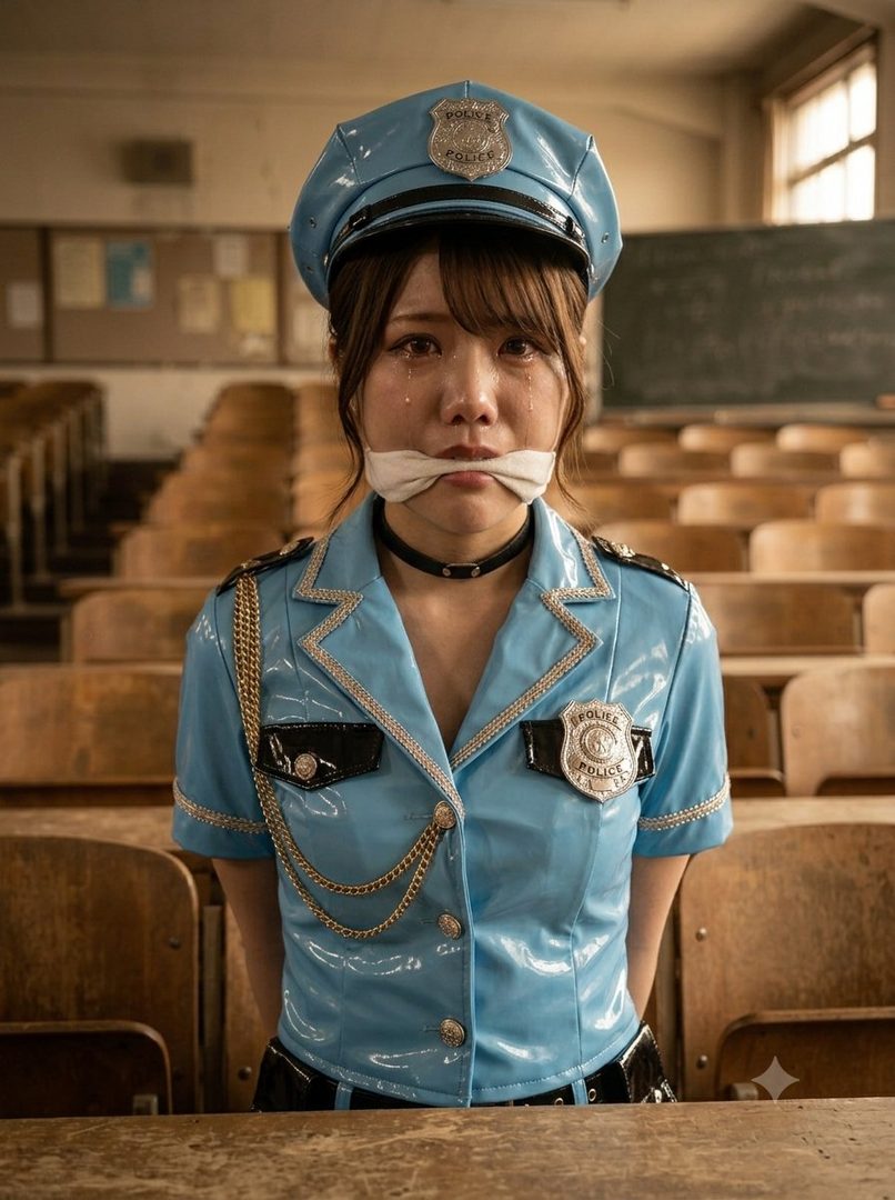 A woman in a light blue police uniform with a gag over her mouth and tears in her eyes sits in a classroom.