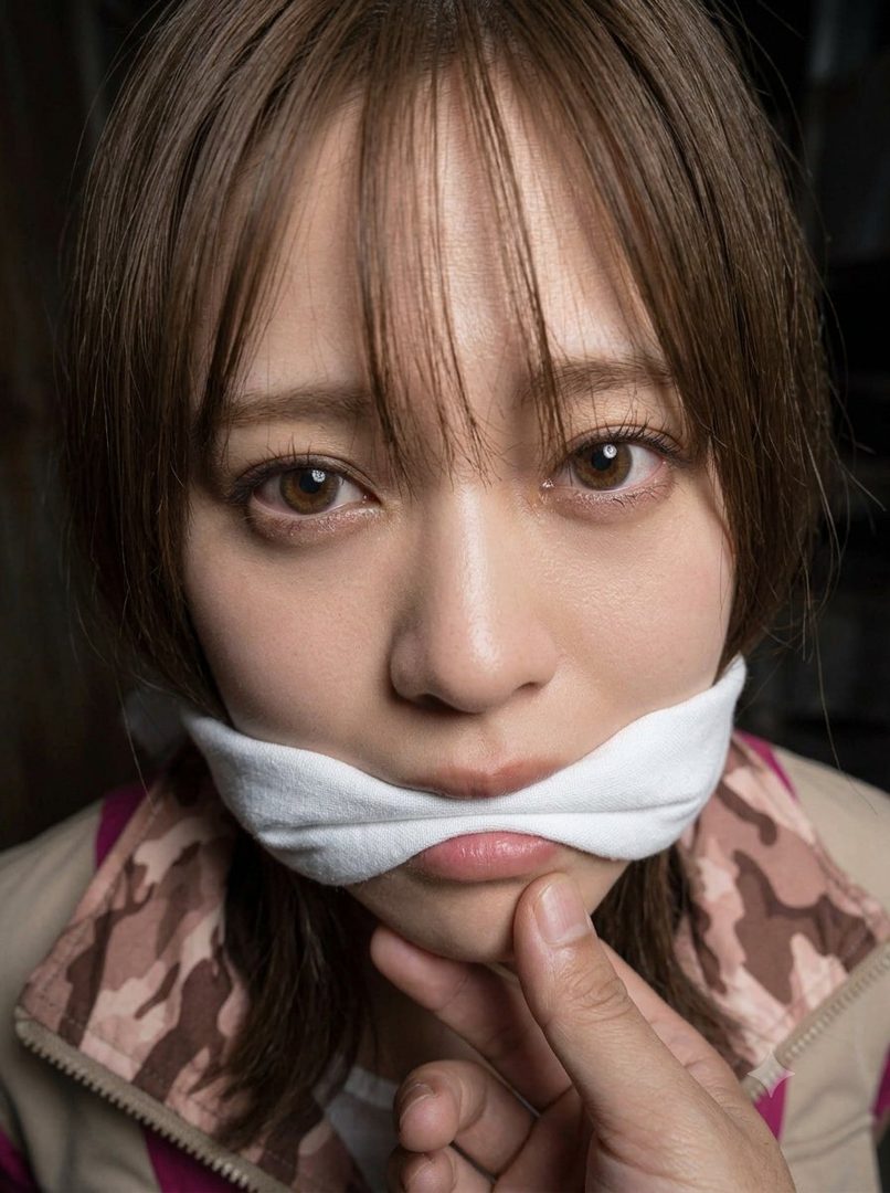 A close-up portrait of a young woman with brown hair and bangs, her mouth covered by a white cloth, with a hand touching her chin.