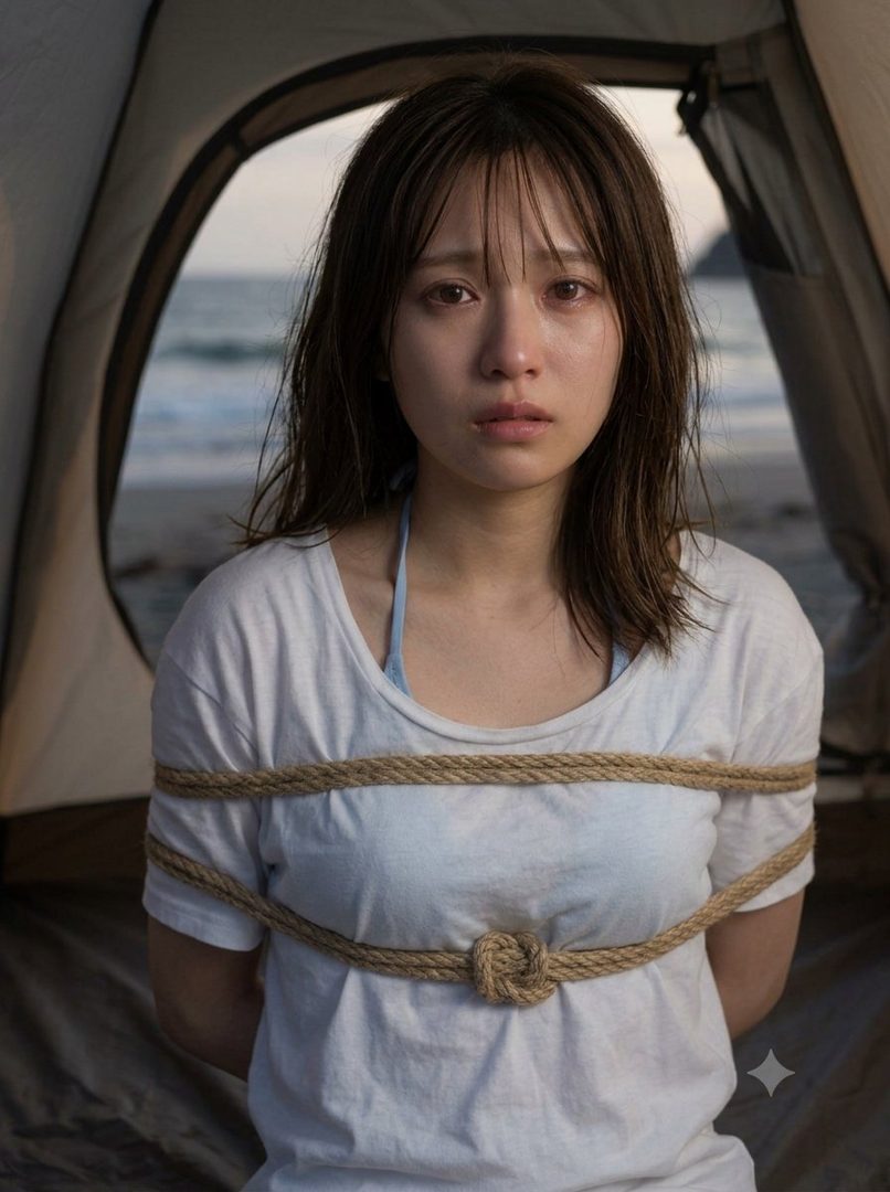 A young woman with brown hair and bangs, wearing a white t-shirt and a blue bikini top, is tied with rope and sitting inside a tent on a beach, looking distressed.