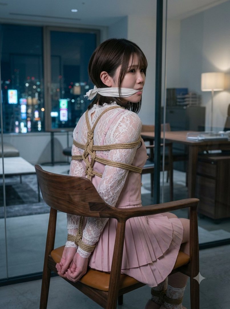 A woman with a gag and ropes tied around her body, sitting on a chair in an indoor setting at night.