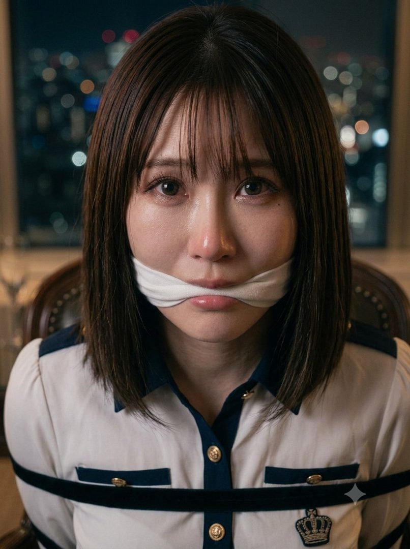 A woman with short brown hair and bangs is gagged and tied to a chair, looking distressed in an indoor setting at night.