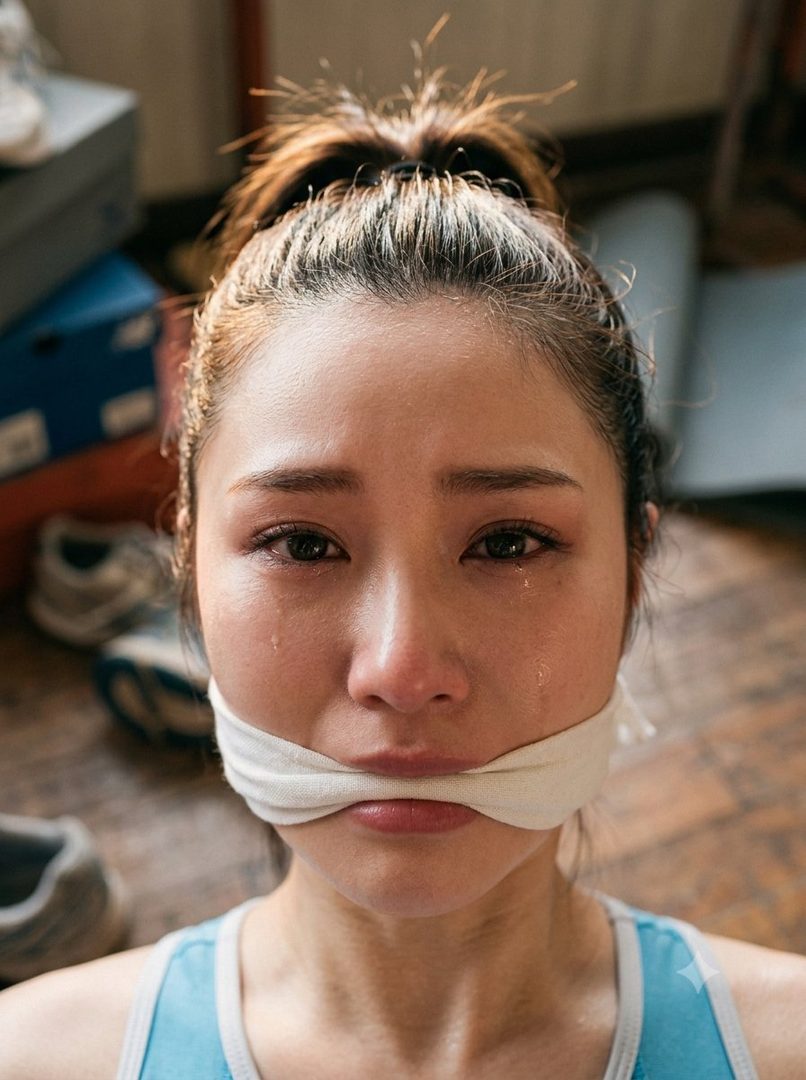 A close-up portrait of a woman with a white cloth gagging her mouth, tears streaming down her face, wearing a blue sports top.