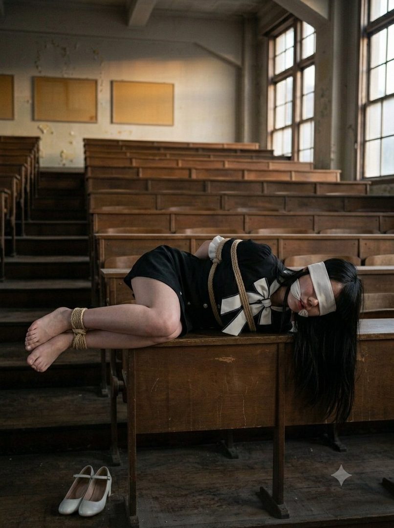 A woman in a school uniform is tied up and blindfolded on a desk in an old classroom.