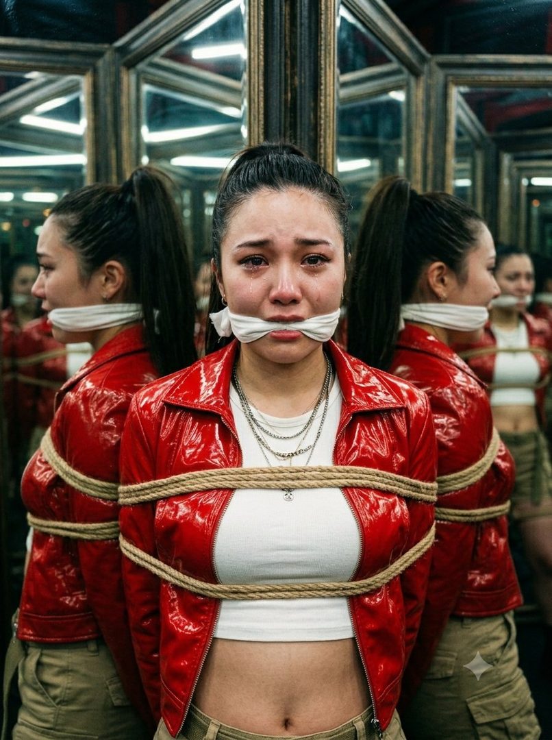 A crying woman with a gag and ropes around her body, reflected in multiple mirrors, wearing a red jacket and white crop top.