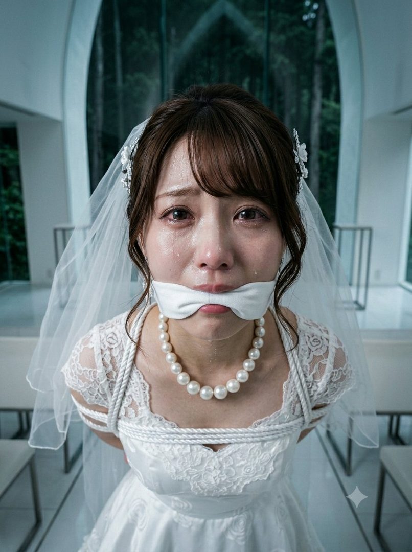 A crying bride with a gag in her mouth and her arms tied with ropes, wearing a white wedding dress and veil, standing in a modern chapel.