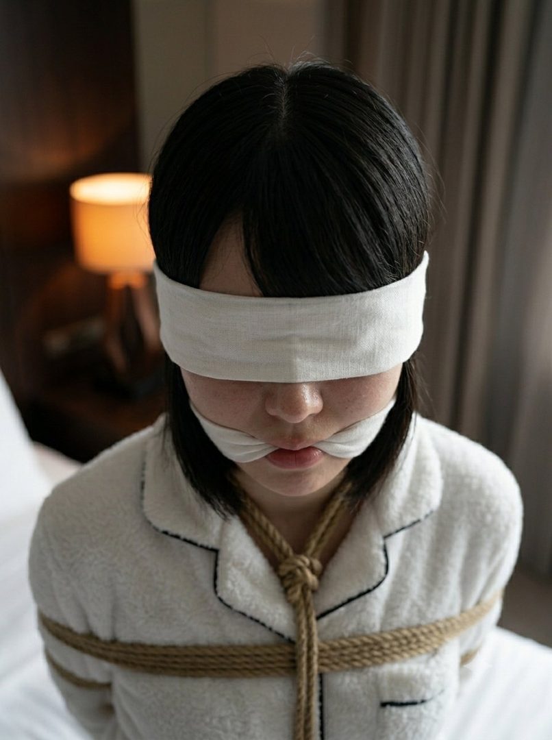 A woman with black hair is blindfolded and gagged, wearing a white knit top, with ropes tied around her body, in an indoor setting.