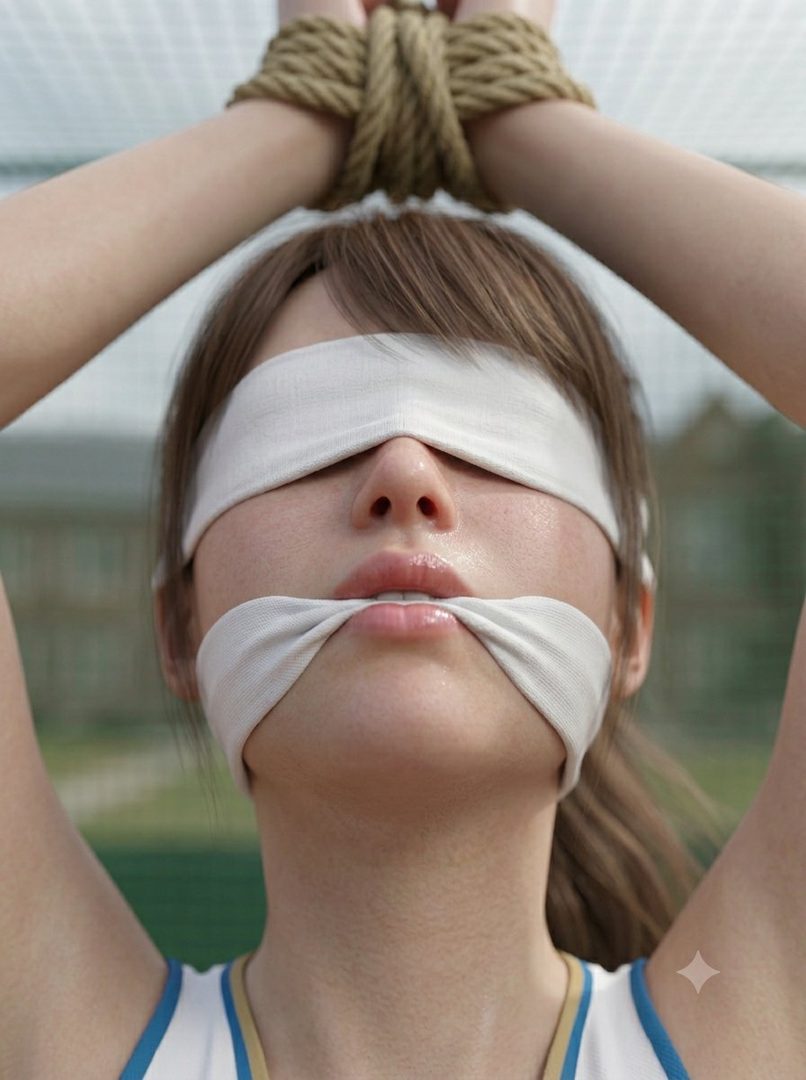A photorealistic portrait of a woman with her hands tied above her head, blindfolded, and gagged, with a serious expression.