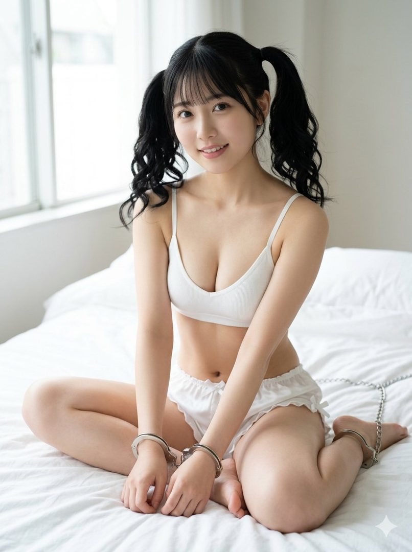 A young woman with black twintails and bangs, wearing a white bra and shorts, sits on a bed with handcuffs on her wrists and ankles.