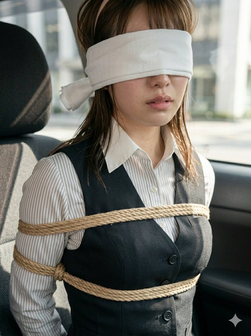 A blindfolded woman in a pinstriped shirt and black vest is tied with rope in a car.