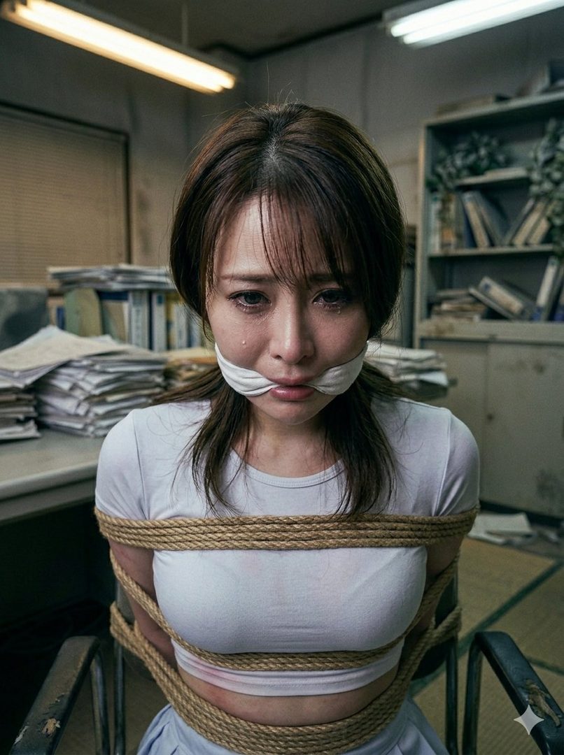 A woman with brown hair and bangs is tied to a chair with rope and gagged, looking distressed in an office setting.