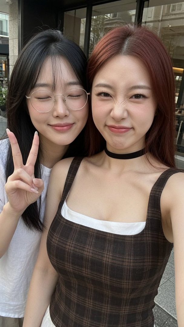 Two young women take a selfie outdoors, one with black hair and glasses making a peace sign, and the other with red hair making a playful face.