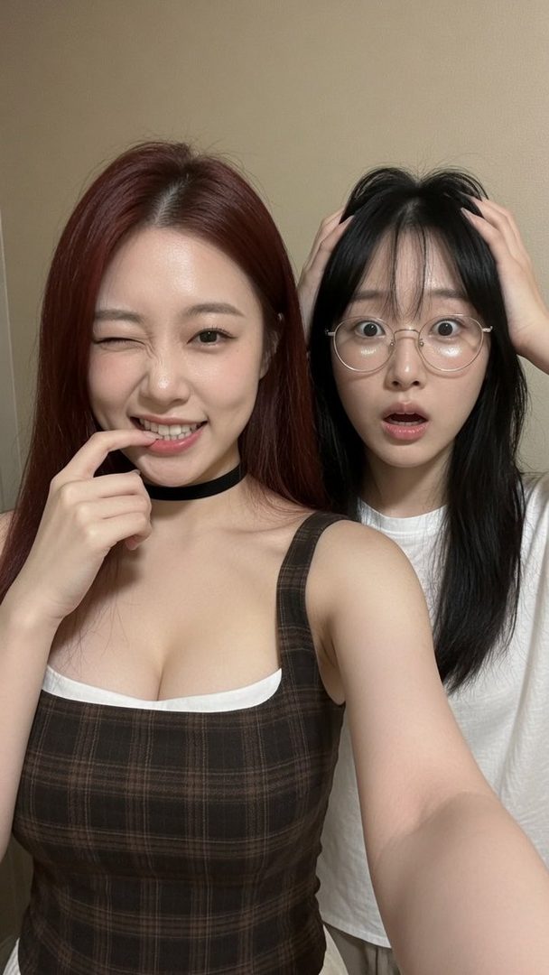 Two young women take a selfie indoors, one winking and biting her finger, the other looking surprised with hands on her head.