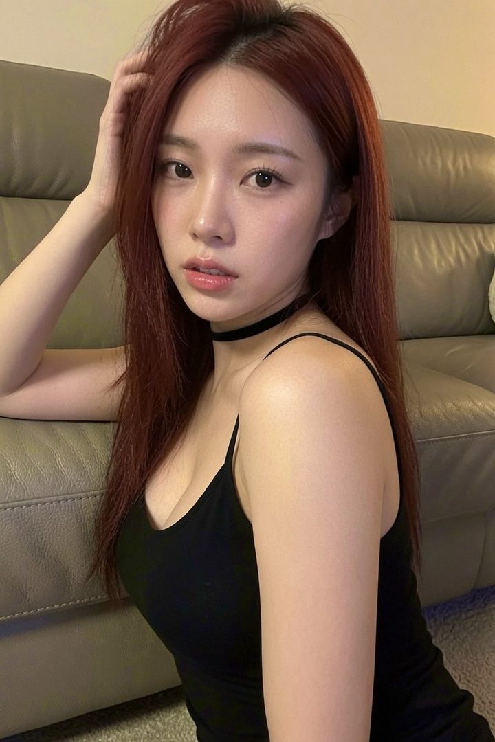 A photorealistic portrait of a young woman with long red hair and a black tank top, sitting indoors.