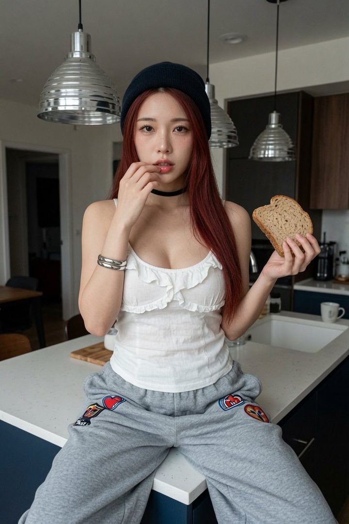 A young woman with long red hair and a beanie sits on a kitchen counter, holding a slice of bread.