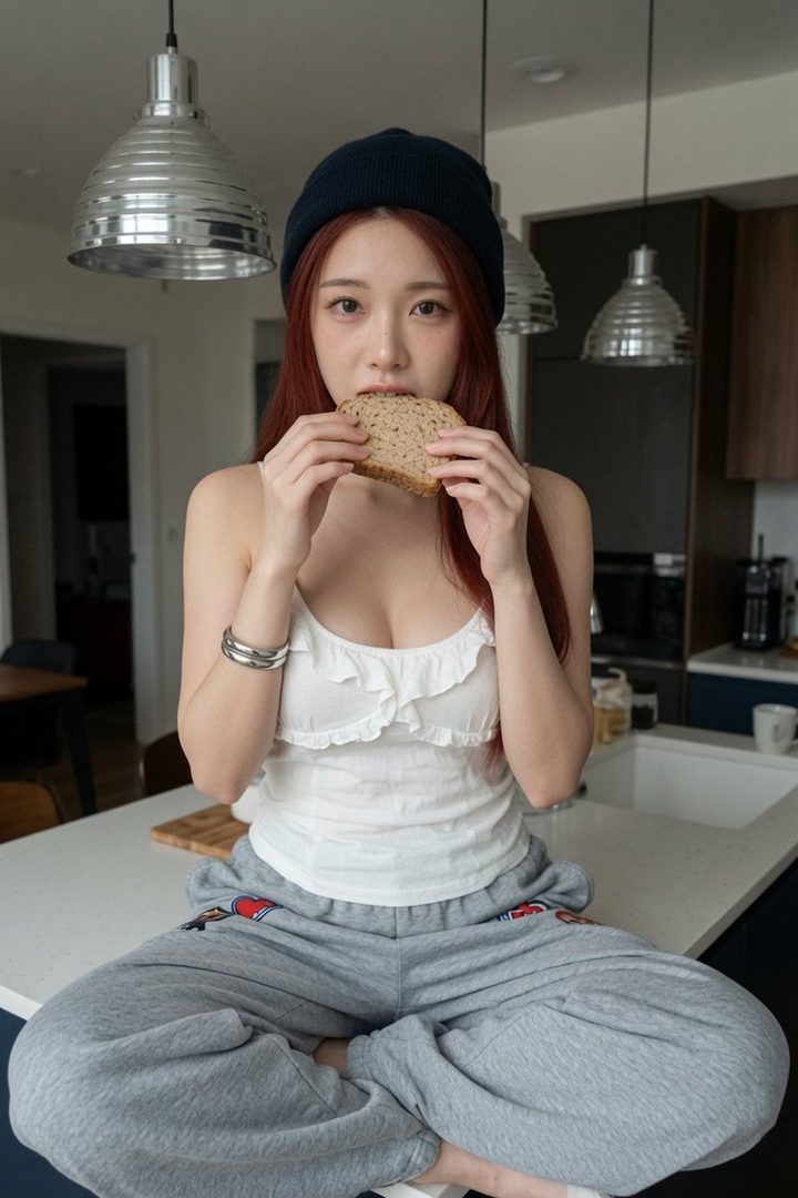 A young woman with red hair and a beanie sits on a kitchen counter, eating a slice of bread.