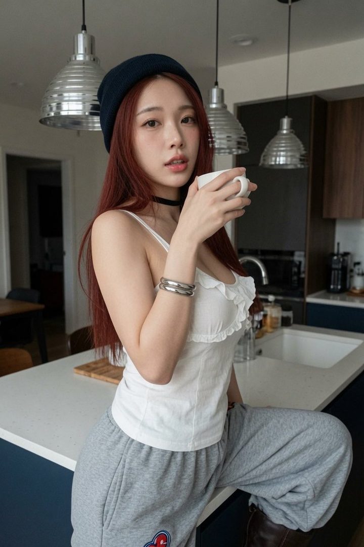 A young woman with long red hair and a beanie sits on a kitchen counter, holding a white cup.