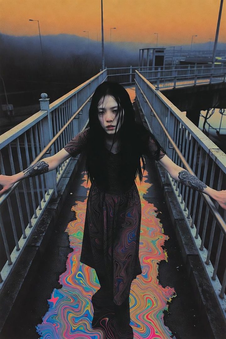 A woman with long black hair and a patterned dress stands on a bridge with colorful liquid on the ground during golden hour.