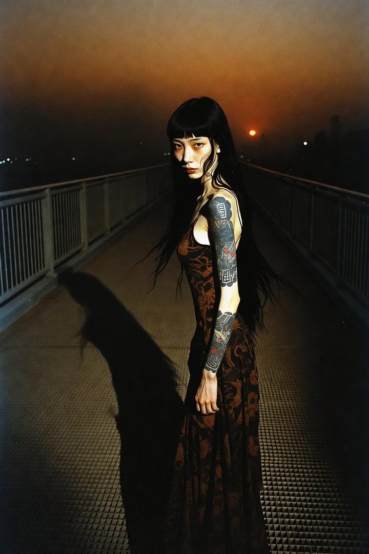A woman with long black hair and bangs, wearing a dark patterned dress, stands on a bridge at night with a sunset in the background.