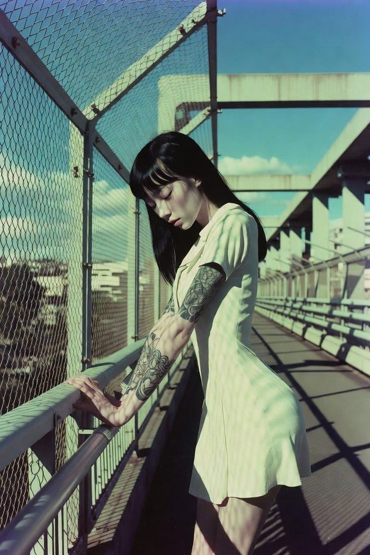 A woman with black hair and tattoos on her arms stands on a bridge, looking down, with sunlight casting shadows through a fence.