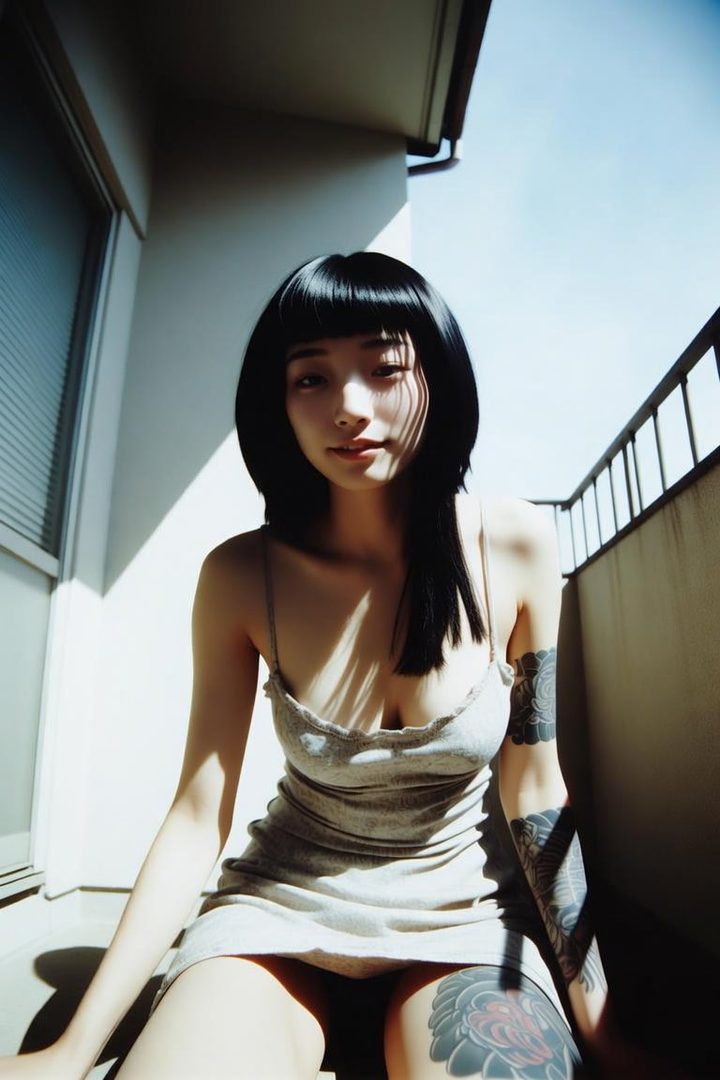 A photorealistic portrait of an East Asian woman with black bob hair and bangs, wearing a grey camisole, sitting on a balcony with sunlight casting shadows on her face and body, showcasing tattoos on her arm and thigh.