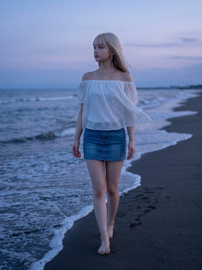 A young woman with blonde hair walks barefoot along a beach at dusk, wearing a white off-shoulder top and a denim mini-skirt.