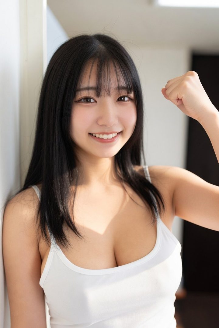 A young woman with long black hair and bangs smiles at the camera while wearing a white tank top, posing indoors.