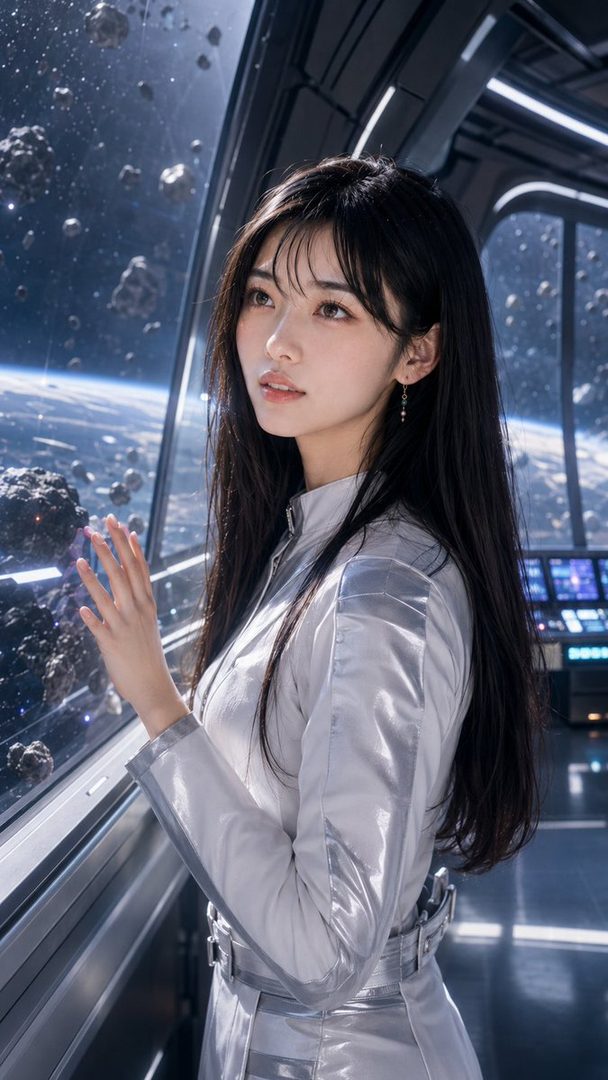 A woman with long black hair in a silver futuristic suit looks out a window at asteroids and Earth from space.