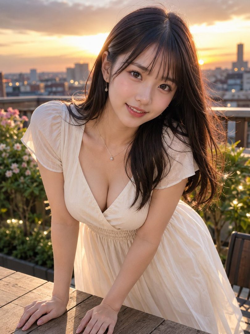 A young woman with long brown hair and bangs, wearing a light-colored dress, smiles at the camera on a rooftop at golden hour with a city skyline in the background.
